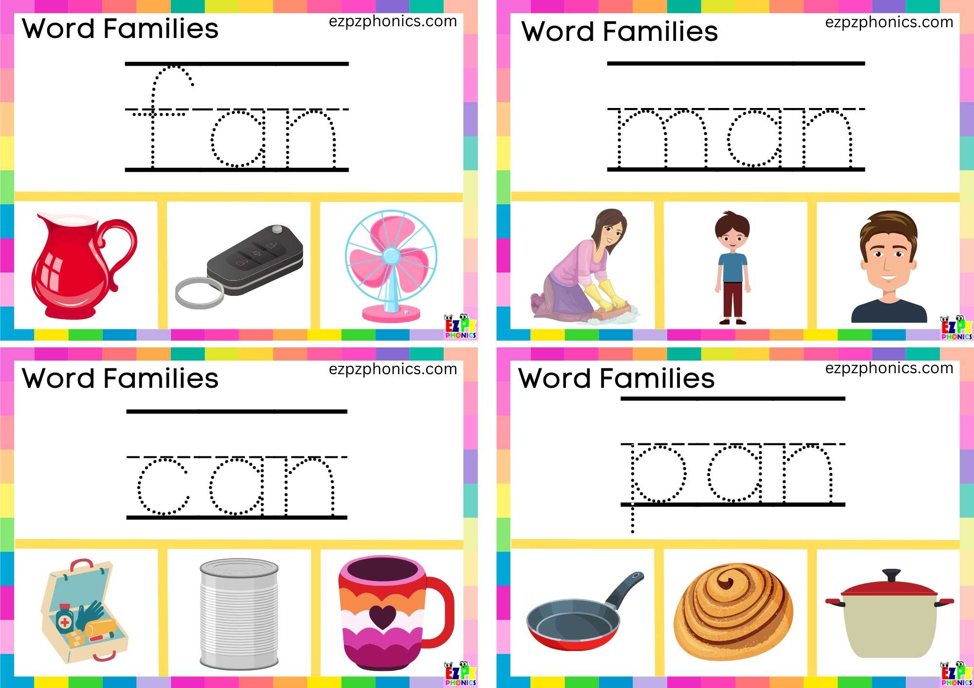 Word Family an write the word and clip the correct image Clip Cards Includes the words; fan, man, can, and pan